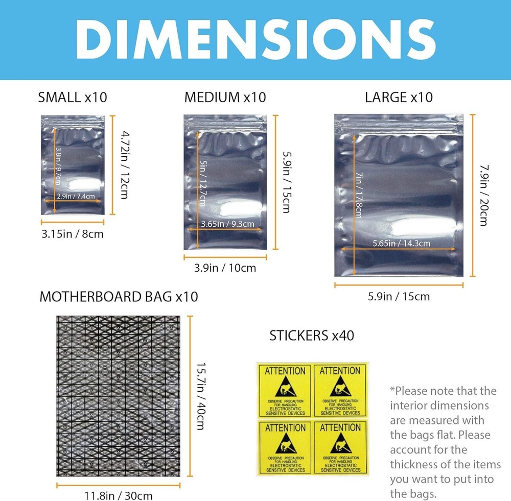 Durable ESD Shielding Antistatic Bags Set - 40 Assorted Sizes for Electronics