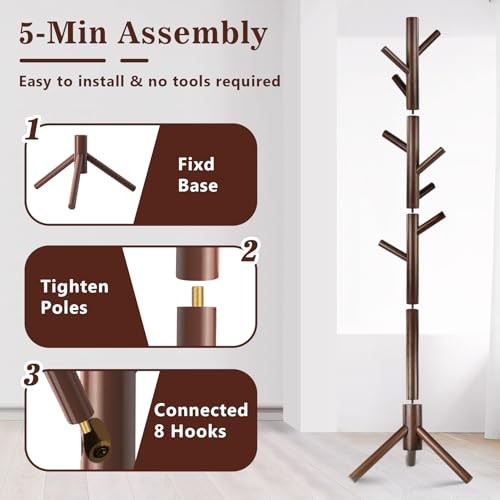 2 Pack Coat Rack, Solid Wood Coat Rack Freestanding with 8 Hooks & 3 Coffee