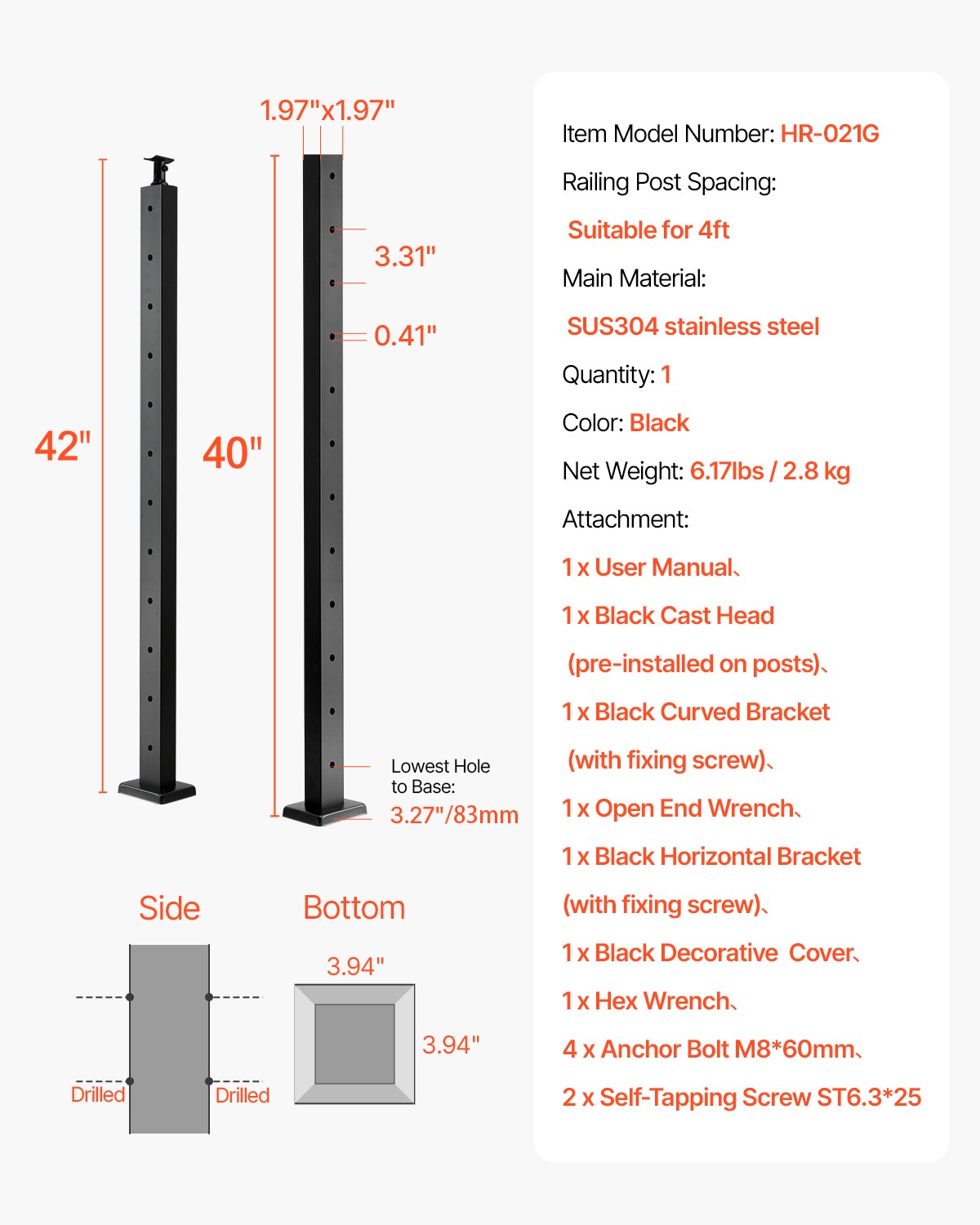 VEVOR Cable Railing Post 42x2x2 In with Pre-Drilled Holes 1JZLGZXHS106AWJO6001V0