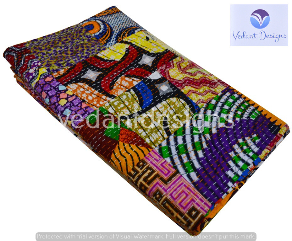 Handmade Patchwork Kantha Embroidery Queen Blanket Throw Indian Bedspread