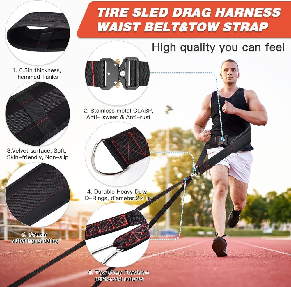 Adjustable sled pulling belt with straps hooks for strength training