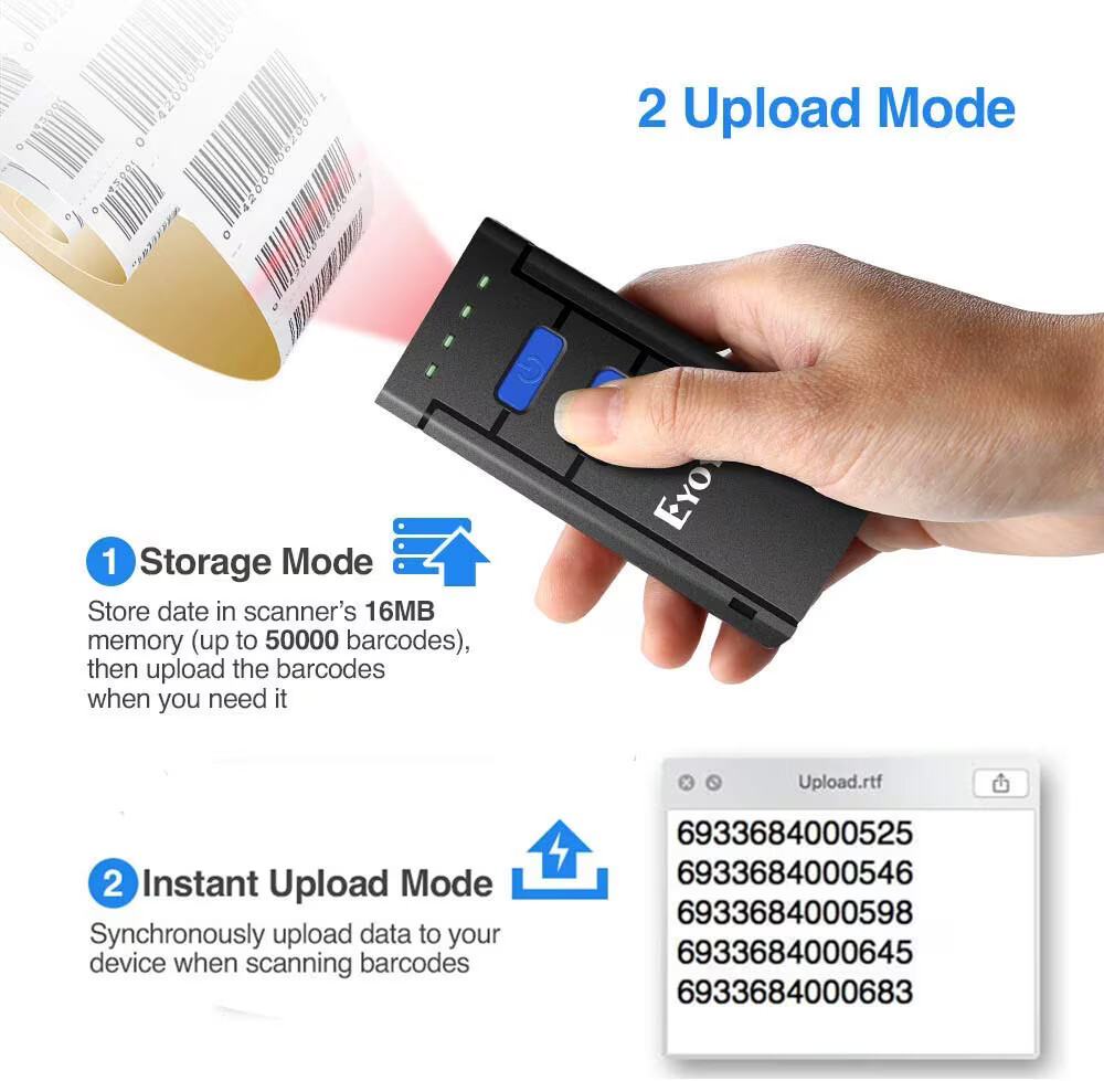 Eyoyo 1D Laser Wireless Barcode Scanner 1D Code Fast Scan Speed Inventory Reader