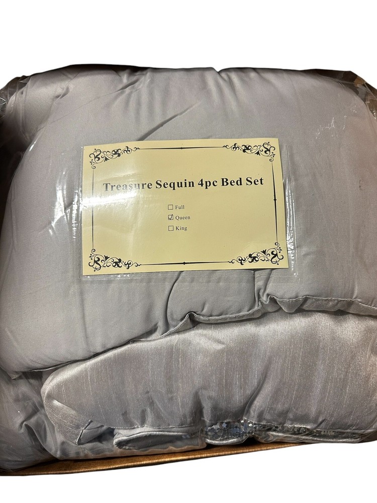 Treasure Sequin Silver Queen 4pc Bed Set