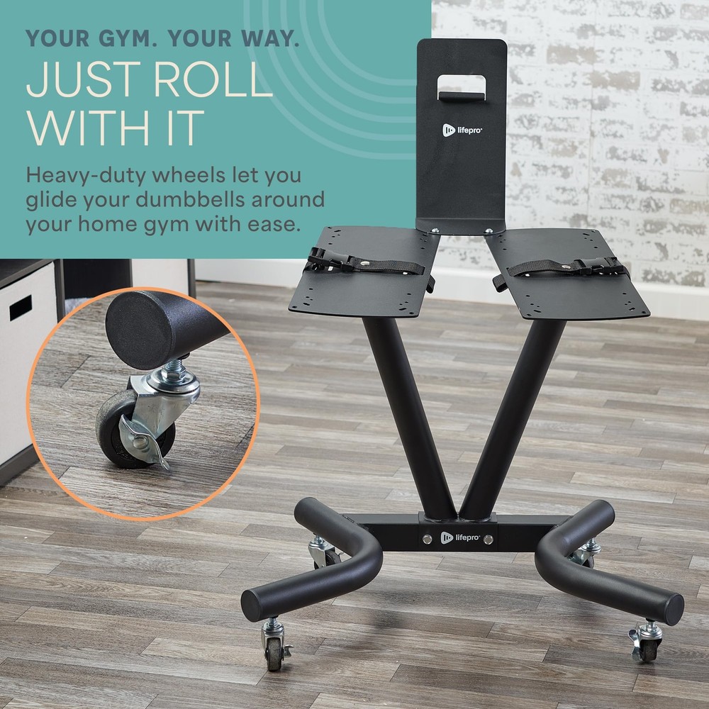 Adjustable Dumbbell Stand with Wheels & Tablet Holder SpaceSaving Rack