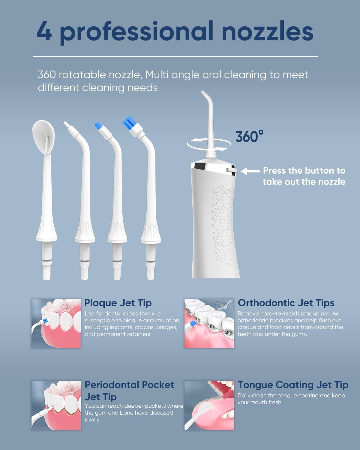 MySmile LP211 Cordless Water Dental Flosser Oral Irrigator 5 Modes 8Tips