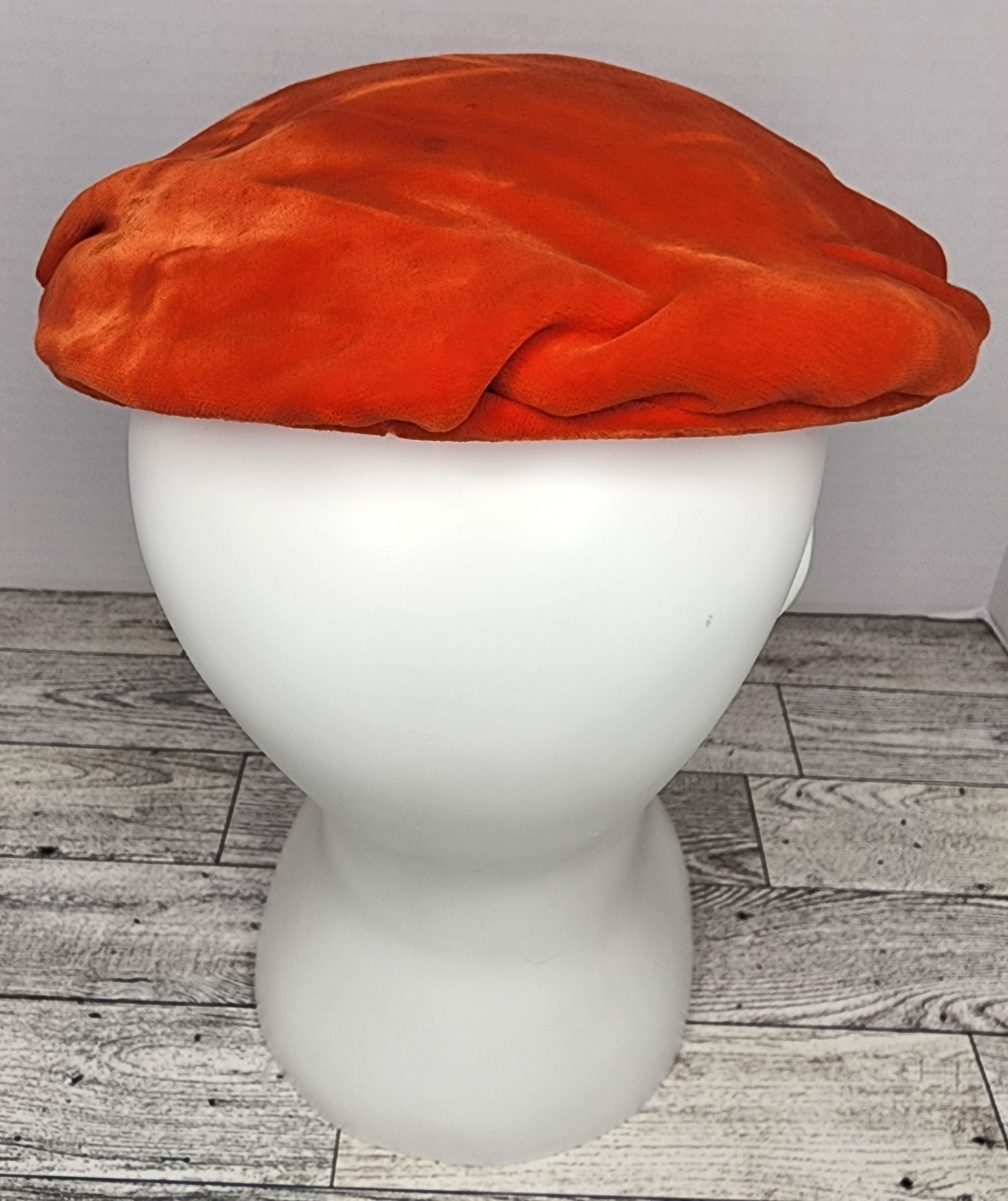 Vintage Clover Lane Art Deco Velvet Velour Beret Hat Fascinator Bright Orange