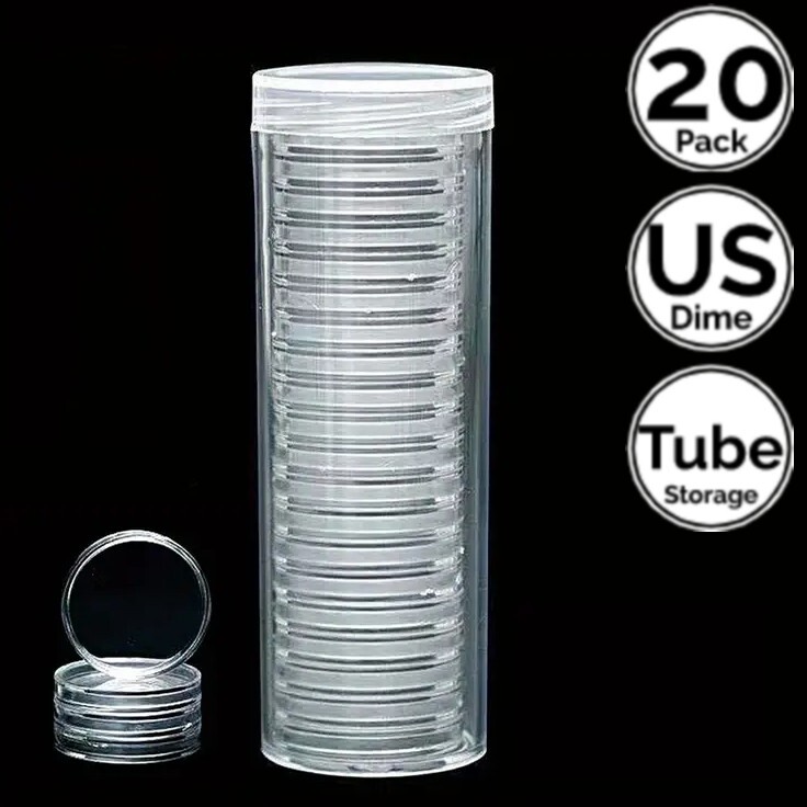 20 Pack 0.70 IN 18.0 mm Coin Capsule Holders w/ Storage Tube Direct 4 US Dime