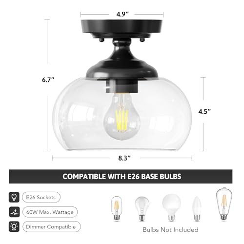 Industrial Semi Flush Mount Ceiling Light, 8.3" Ceiling Light 8.3 inch Black