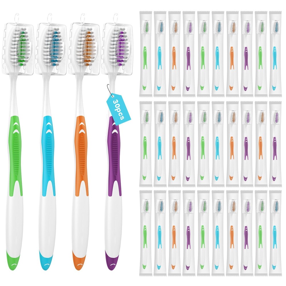 30 Pack Bulk Toothbrushes with Covers, Individually Wrapped Tooth Brush Pack