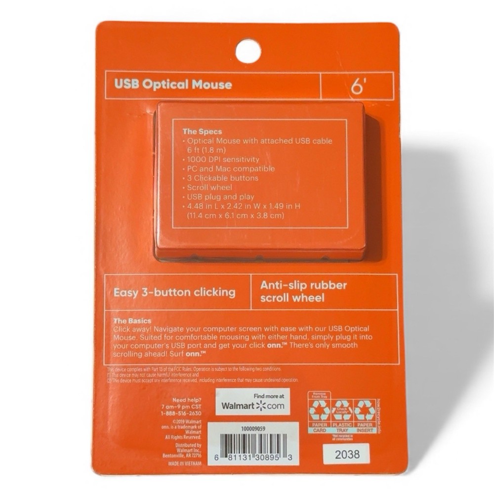 Surf ONN Optical Mouse Wired USB Scroll Wheel 3 Button Grey 6' Plug and Play