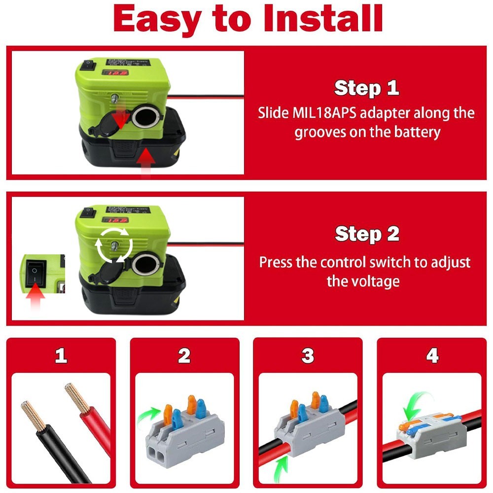 DC 18V-12V Step Down Converter Adapter Cigarette Lighter for Ryobi 18V Battery