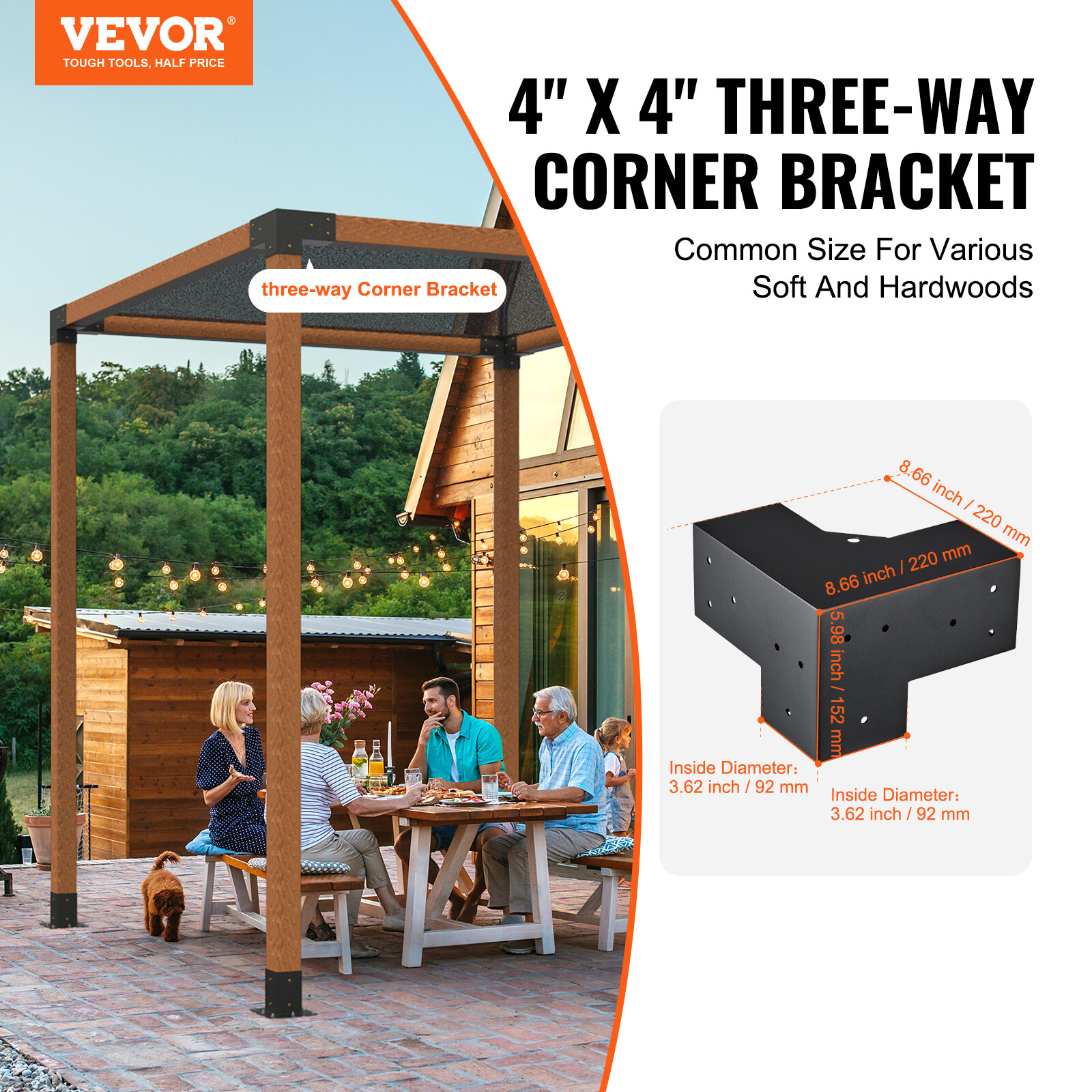 VEVOR 4''x4'' Pergola Bracket Kit 3-Way Woodworks DIY Post for Gazebos 4 pcs