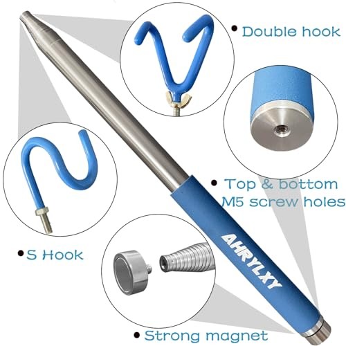 Telescoping Pickup Tool Magnetic Pole with 3 Hooks, 10 FT Telescopic Push Pull