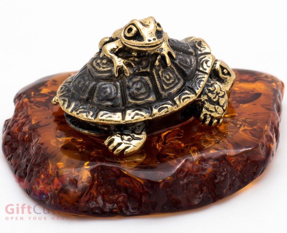Brass Amber Figurine Tortoise Turtle with frog on shell talisman IronWork