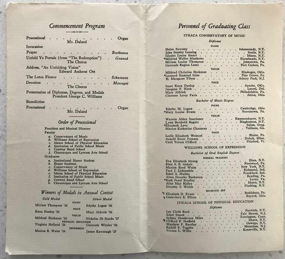 Vintage Ithaca NY Conservatory Commencement Program 1926