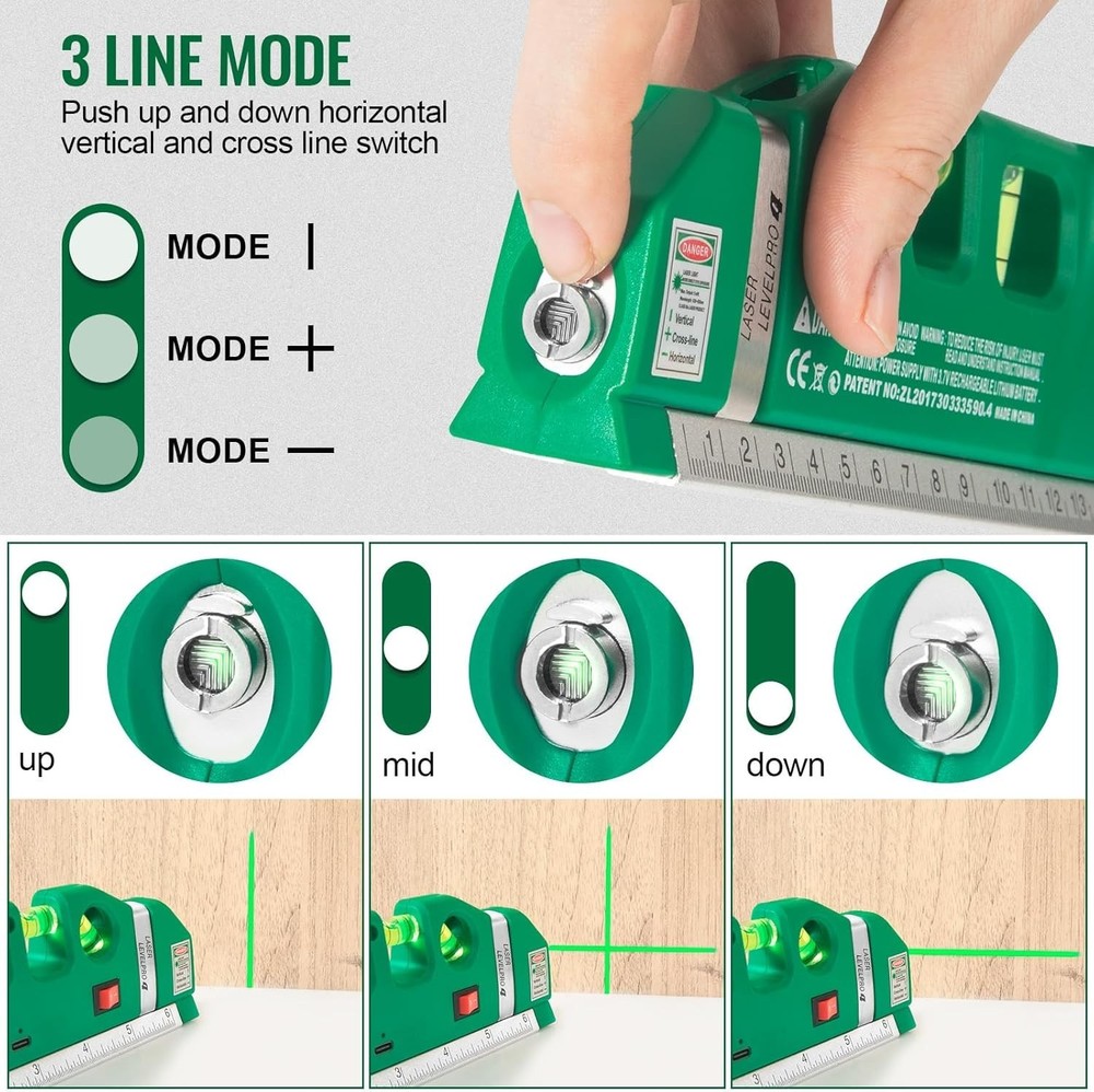Precision Laser Level Tool with USB Rechargeable, Cross Line & Vertical Modes