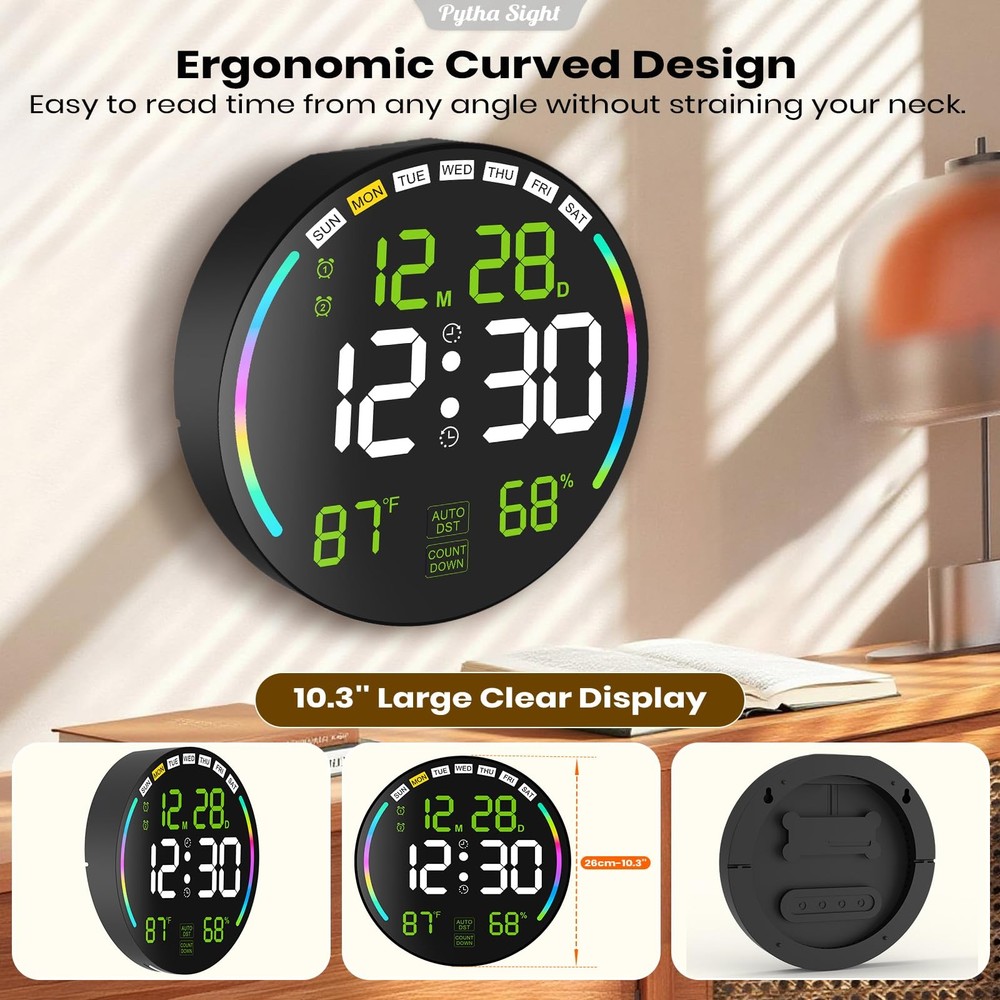 Large Digital Wall Clock with 10.3" LED Display,Alarm,Countdown Timer,DST,Tem...