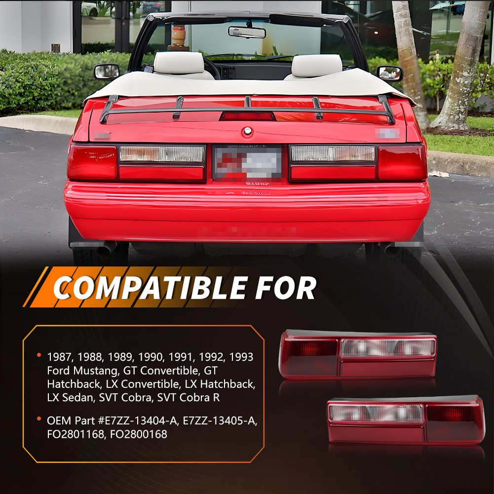 2PCS Red Lens Rear Tail Lights Brake Signal Lamps For 1987-1993 Ford Mustang