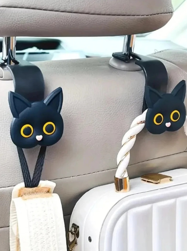 2pcs 3D Cartoon Cat Car Seat Headrest Hooks – Cute Vehicle Organizer for Bags