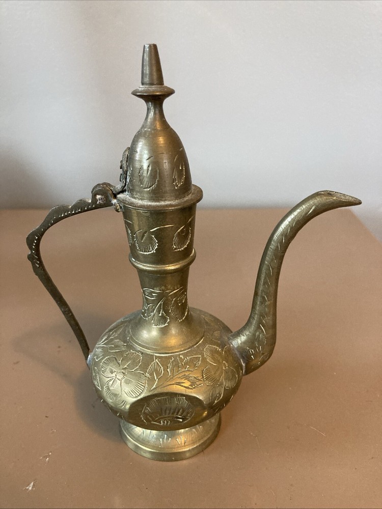 Pair 2 Indian Middle Eastern Etched Dallah Brass Coffee Pots