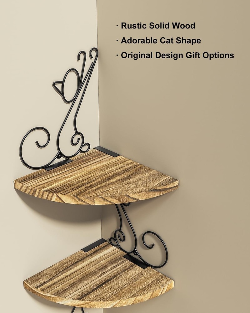 4-Tier Rustic Floating Corner Shelves in Cat Shape - Space Saving Solution