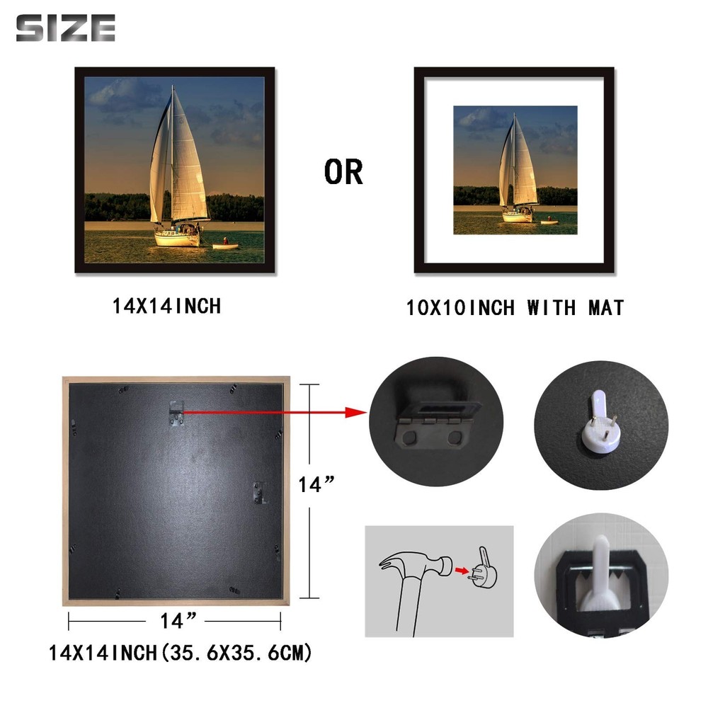 14x14 Frame Black With Mat 10x10 Solid Wood Picture Frames Wall Mounting (1 p...