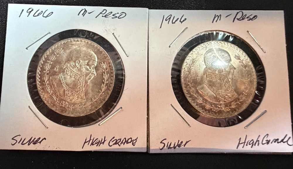 1966-2 Mo Mexico Silver 2 Pesos, High Grade - Both Pretty Toned
