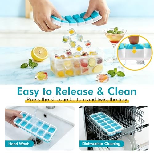 NFK Ice Cube Tray with Lid & Bin - 4 Pack 48 Cubes Stackable Silicone Blue