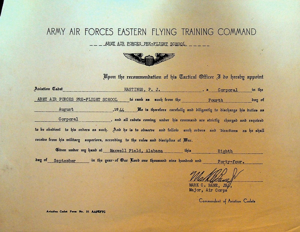 Army Air Forces Eastern Flying Training Command 1944 Corporal Certificate