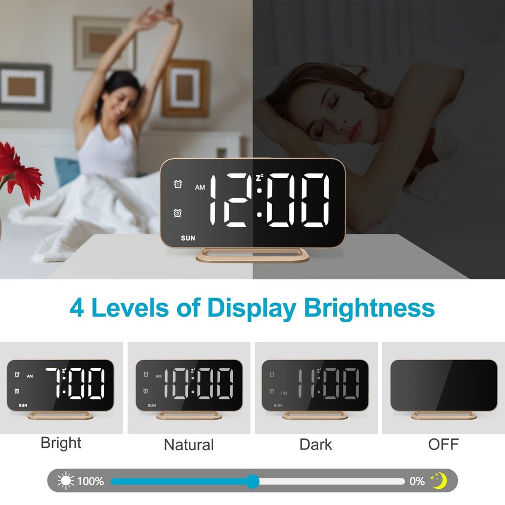 Slim LED Digital Alarm Clock Mirror Surface for Makeup with Diming Large Disp...