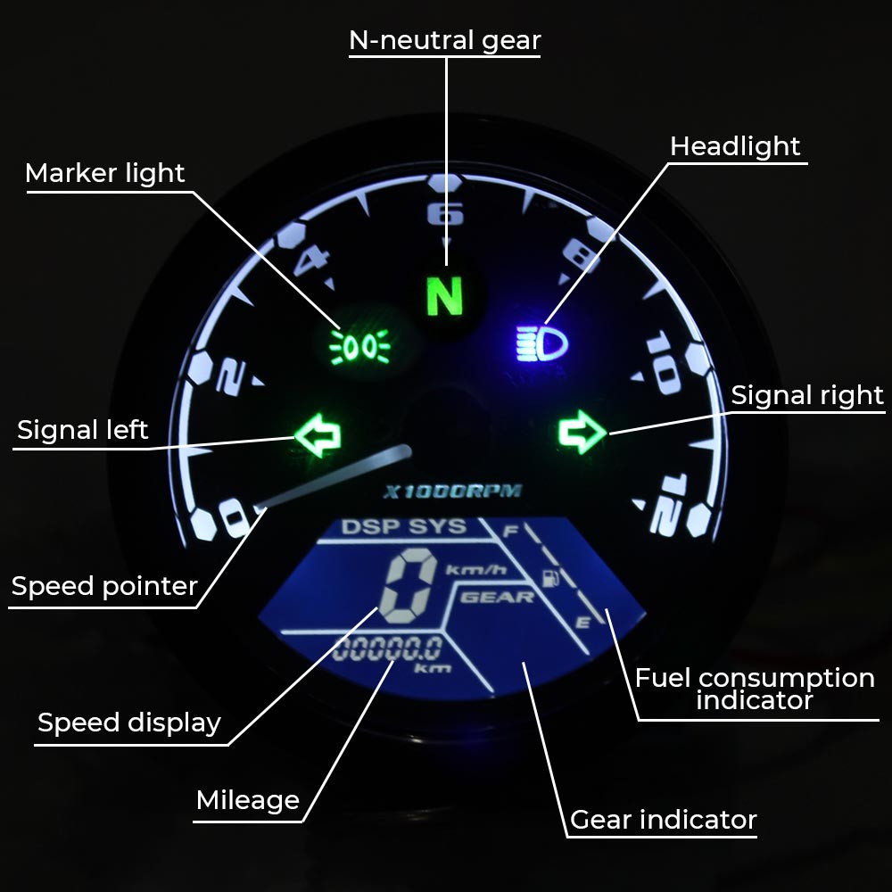 Black LCD Digital Waterproof Motorcycle Gauge Speedometer Tachometer Odometer