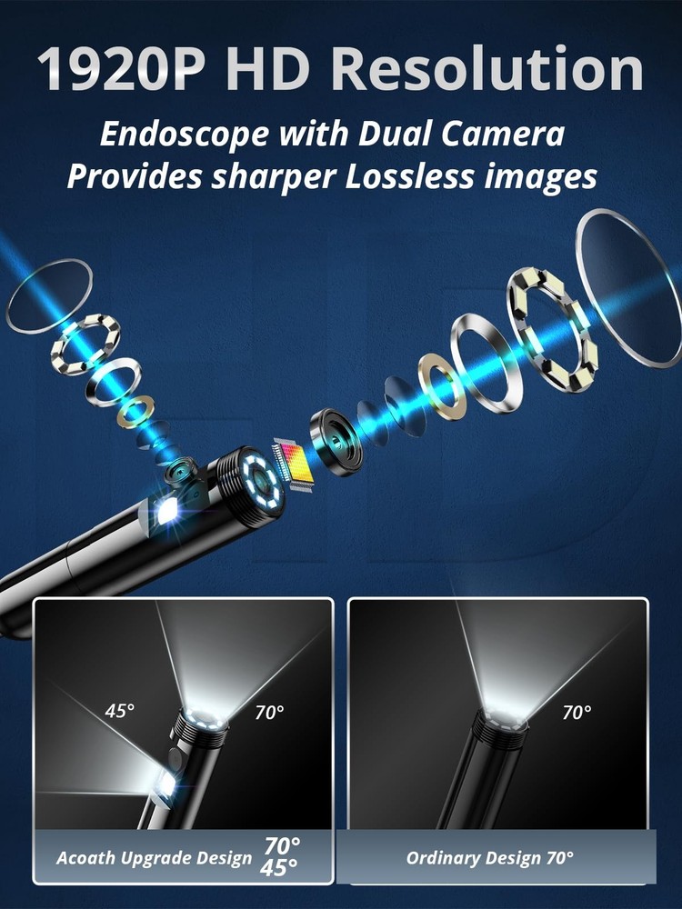 Endoscope Camera with Light, Dual-Lens 1920P HD Borescope with 8 Adjustable L...