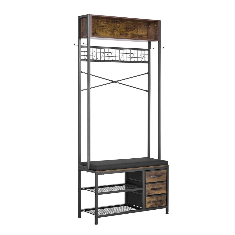 70.9in Multifunctional Hall Tree: Coat Hooks, Bench, Drawers, Wire & Book Shelf