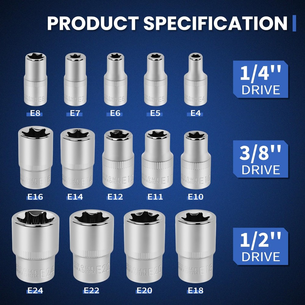 14-Piece E-Torx Star Socket Set, 1/4" 3/8" 1/2" Drive, E4 to E24 External Tor...