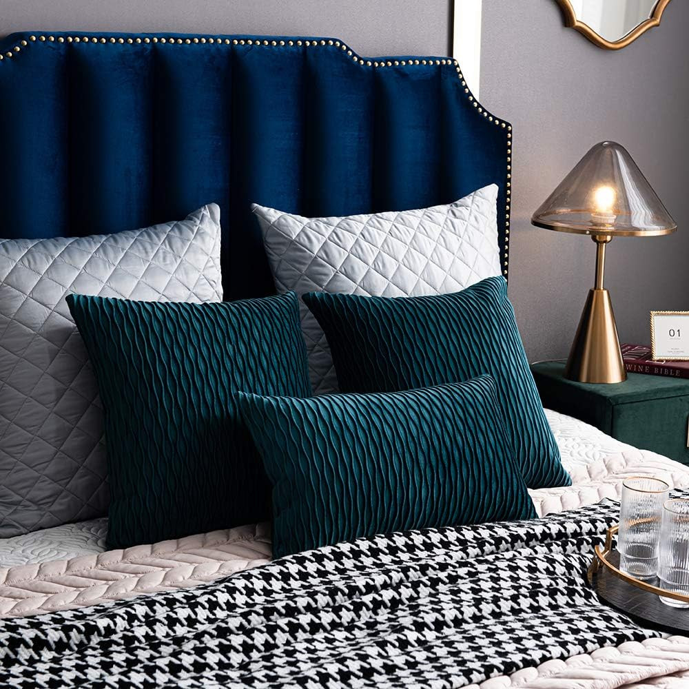 12X20 Teal Throw Pillow Cases: 2 Pack Original Striped Velvet Rectangular Decora
