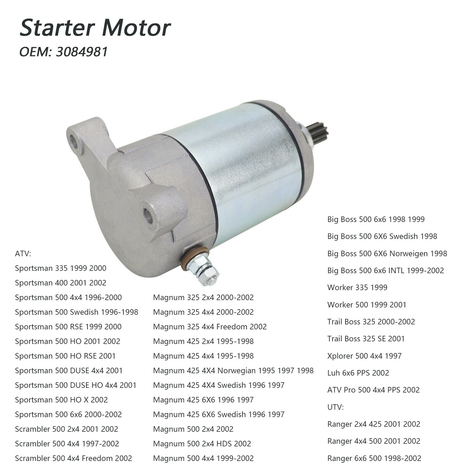 3084981 Starter & Bendix & Relay for Polaris Sportsman 335 400 500 18645 1996-02