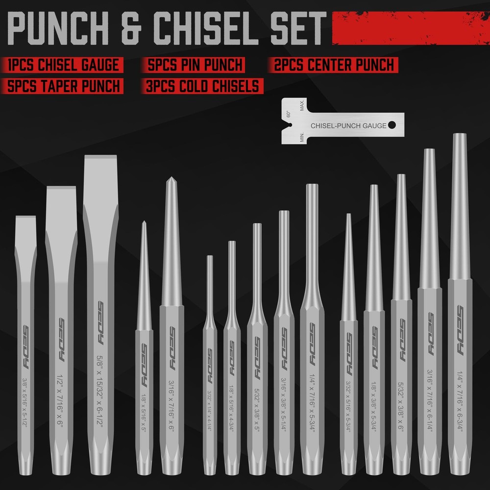 16-Piece Precision Punch & Chisel Set - Taper Punch, Pin Medium, Gray