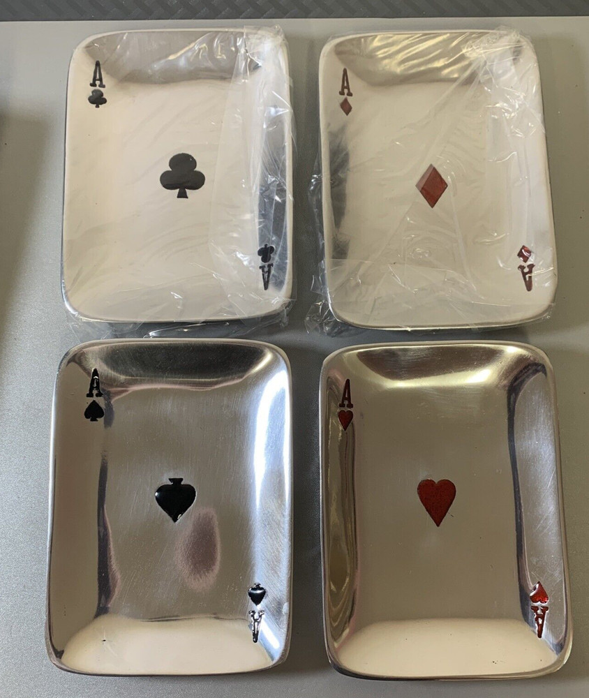 4pc Aces Playing Card Snack Plates Trays IHI India SOLID BRASS IN BOX