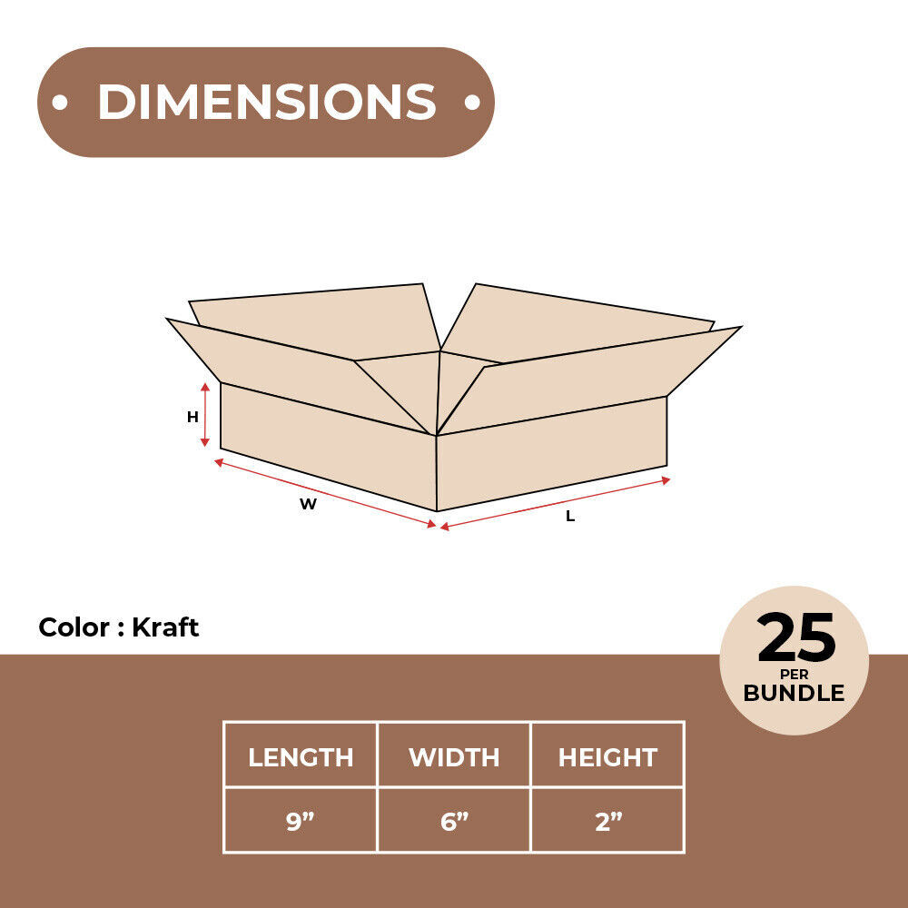 9 x 6 x 2" Flat Corrugated Boxes, Brown 25/Bundle ECT-32
