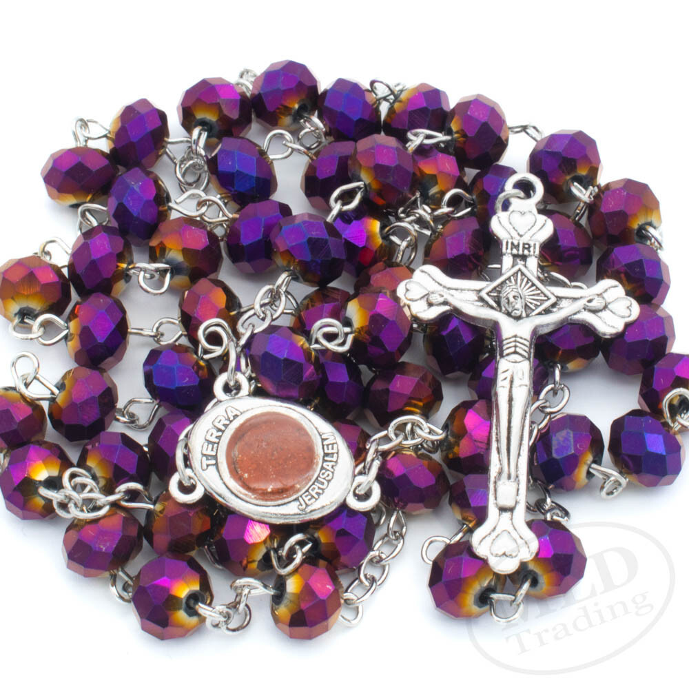 Deep Purple Crystal Beads Rosary Necklace Catholic Holy Center & Cross Crucifix