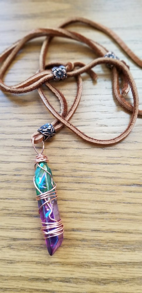Rainbow Quartz Copper Wire Wrapped Pendant deer hyde lace adjustable