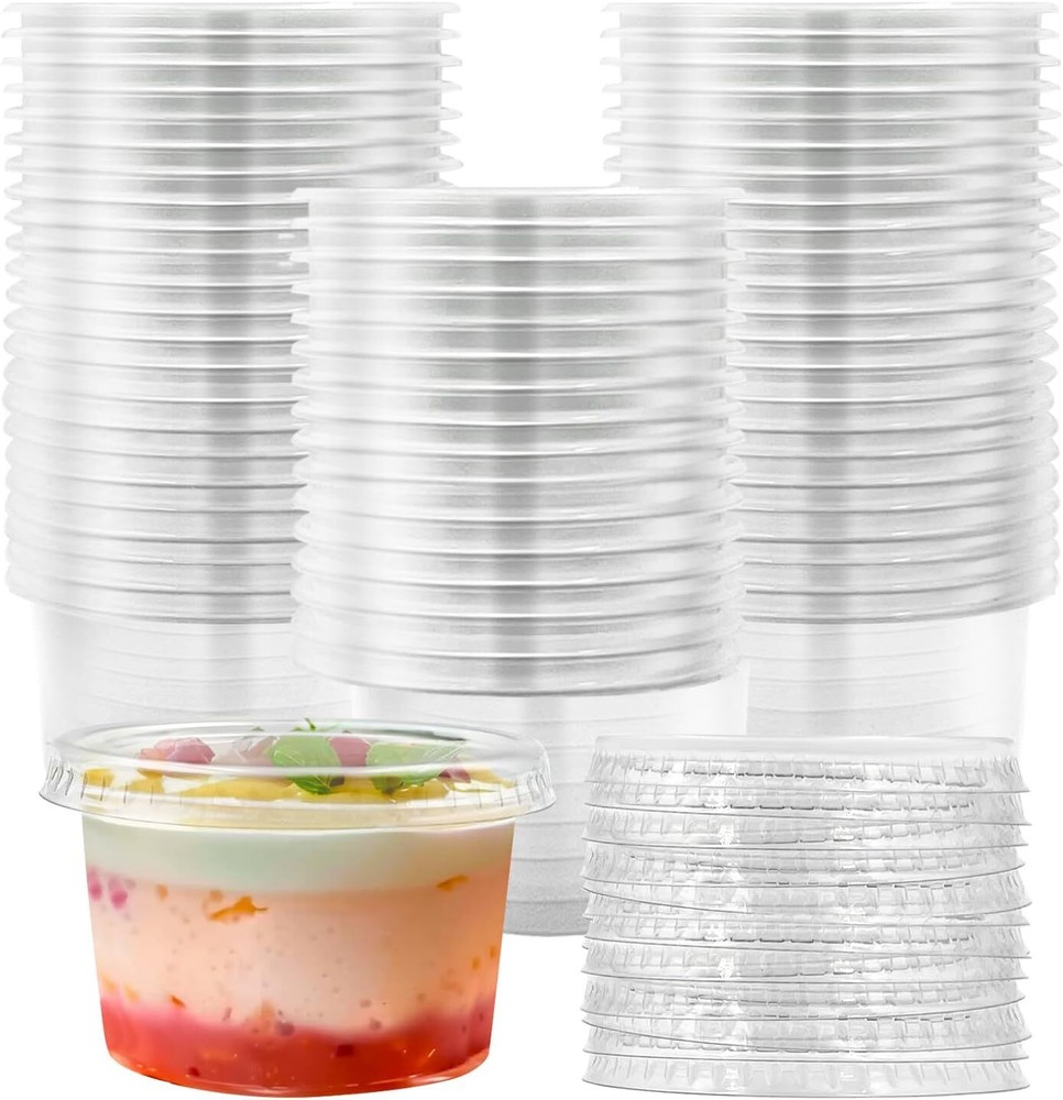 100 Sets 5 oz Disposable Plastic Cups with Flat Lids Clear Parfait Dessert