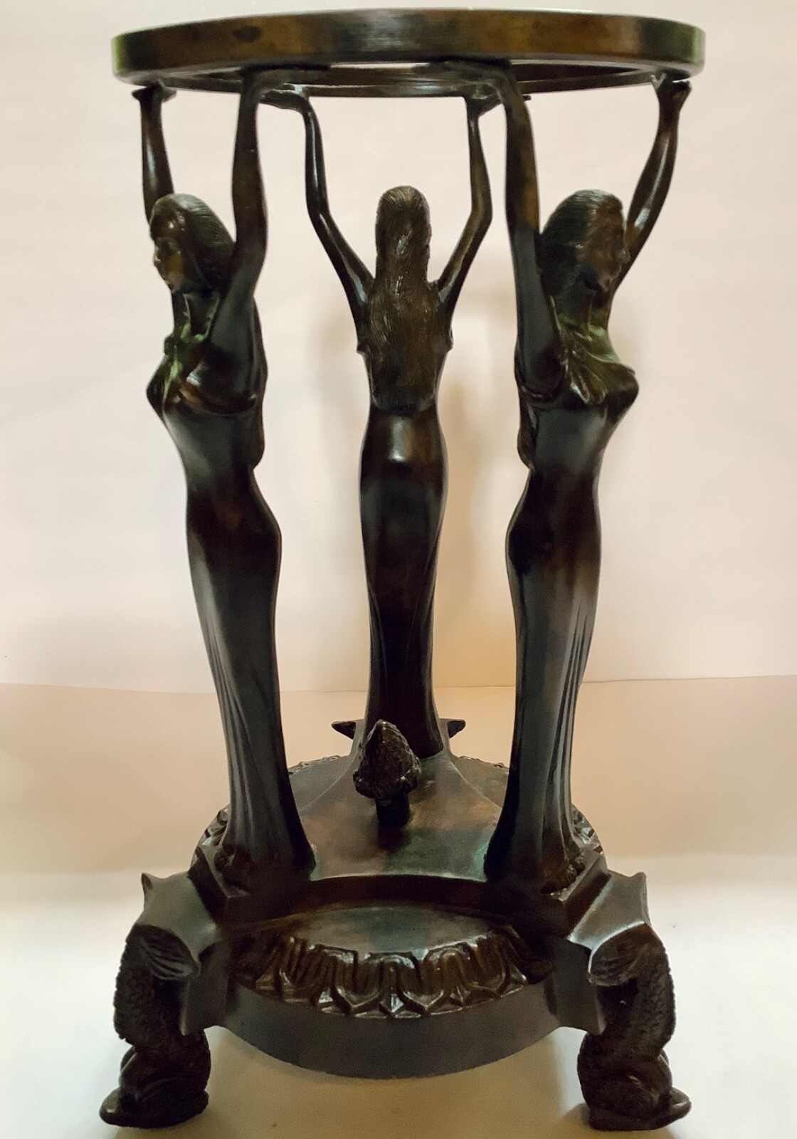 Nouveau Neoclassical Bronze Three Graces Centerpiece Orb or Bowl Stand Koi Feet