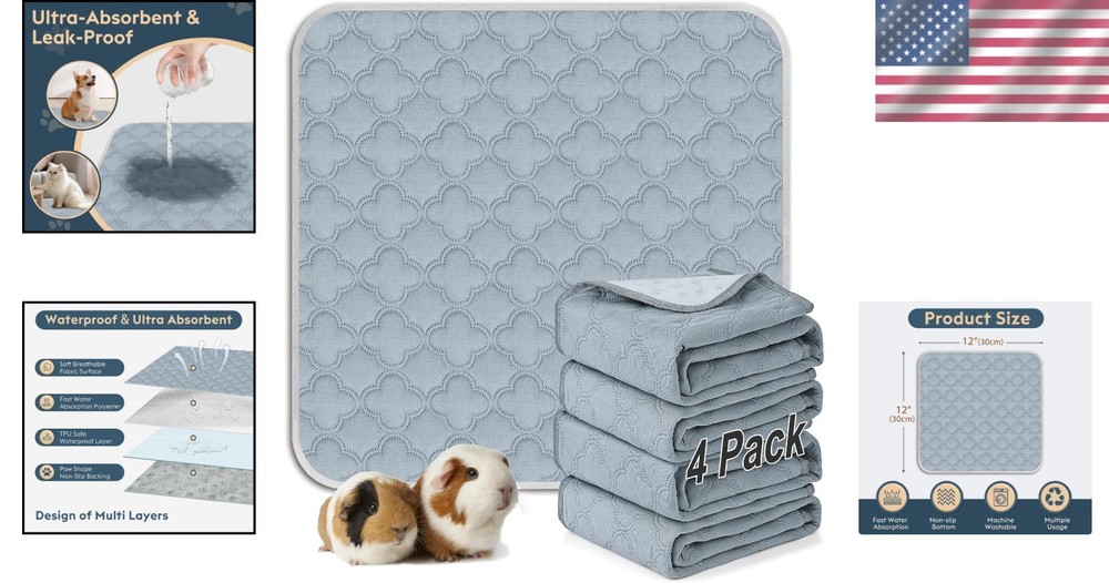 Multi-Size Washable Pee Pads - 4 Pack for Small Animals, Efficient Odor Control