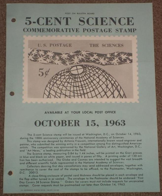 US STAMP POSTER #1237 5¢ THE SCIENCES COMMEMORATIVE STAMP, 1963