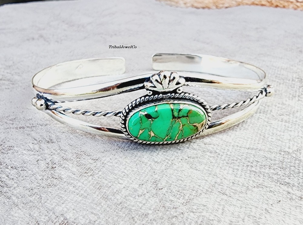 925 Sterling Silver Green Copper Turquoise Bangle Adjustable Bangle Gemstone