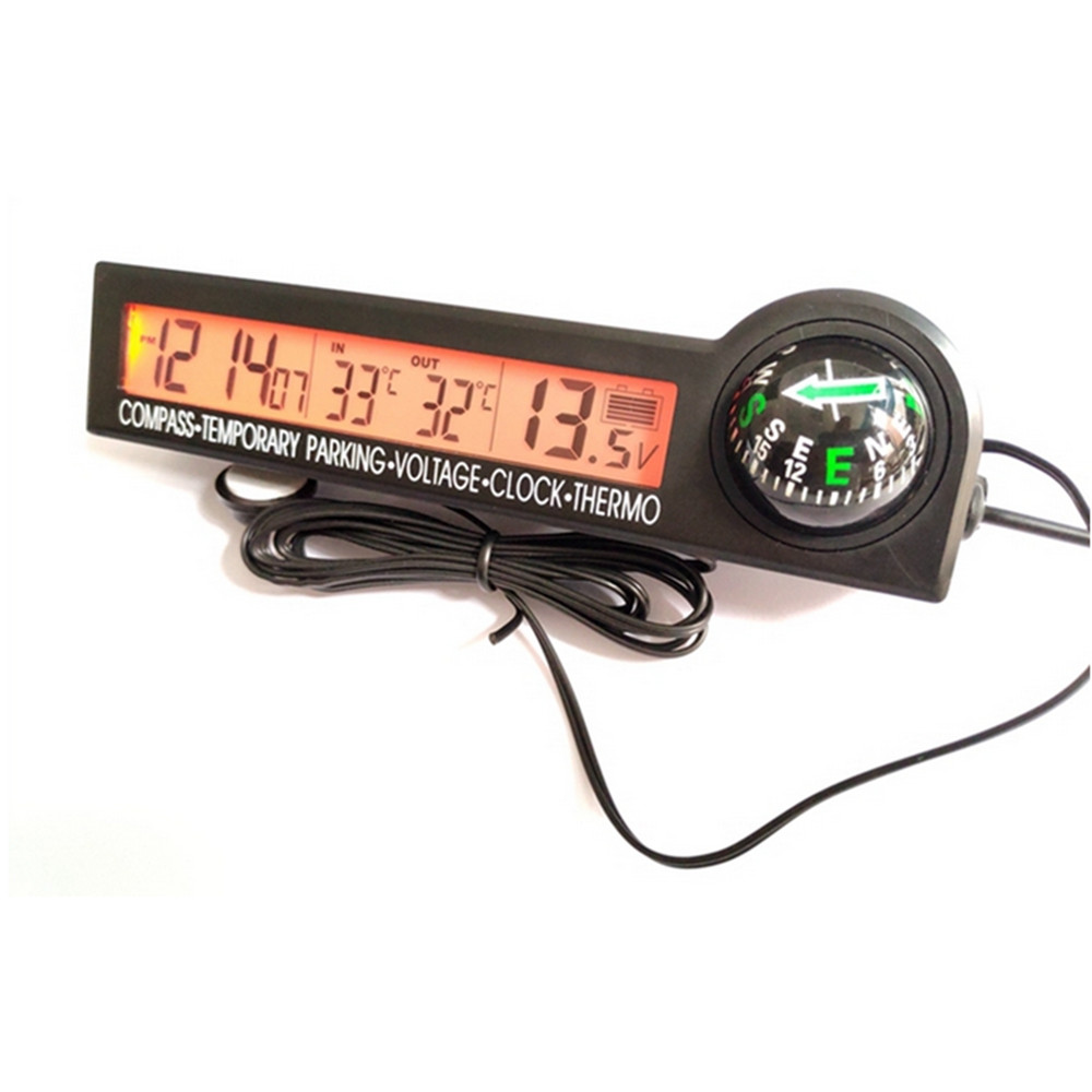 Car Digital Compass Clock Thermometer Voltage Meter Voltmeter Temporary Parking