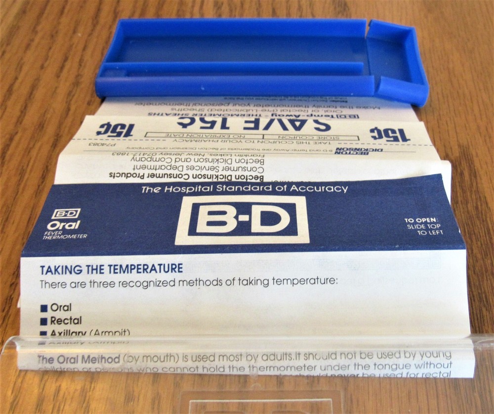 Vintage Thermometer, BECTON DICKINSON B-D Temp Away 2 Sheaths, Dir + Ad Coupon