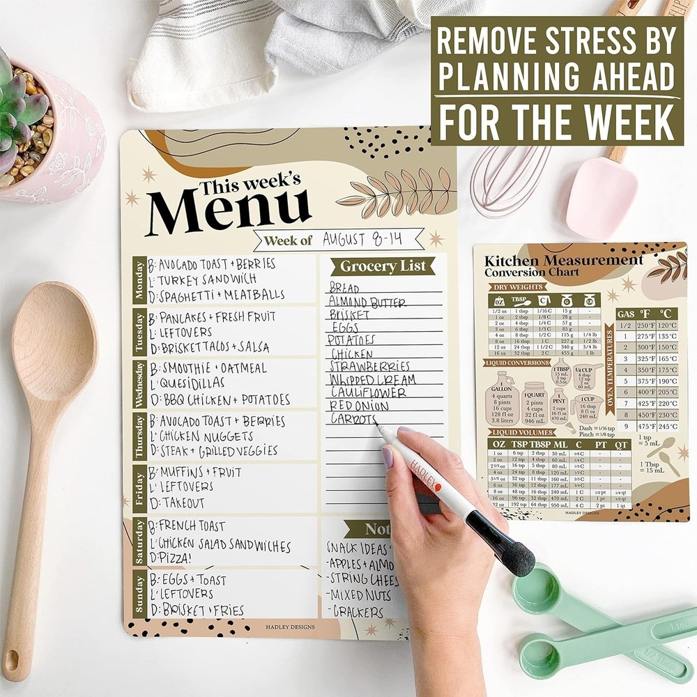 Boho Magnetic Weekly Meal Planner Dry Erase Board for Refrigerator - Dinner Menu