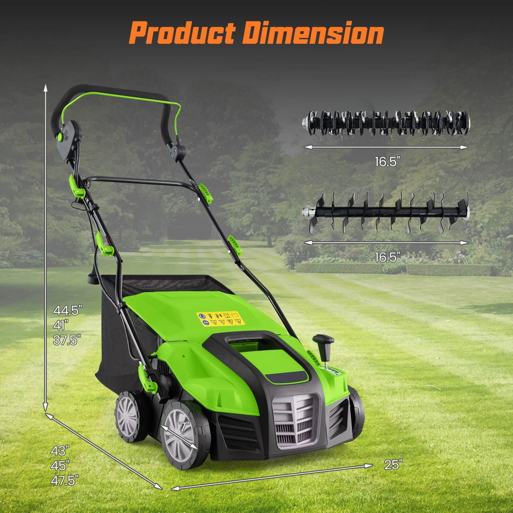 16-Inch Folding Electric Dethatcher & Scarifier w/ 3-Position Height Adjustment